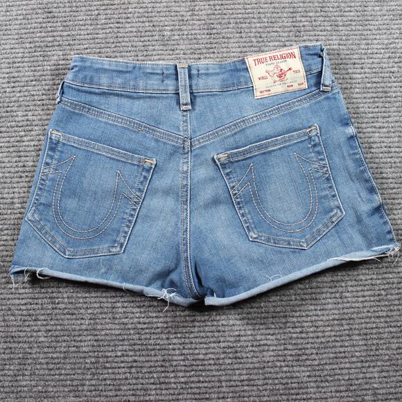 True Religion Shorts Womens 26 Blue Denim High Rise Raw Hem Maisie - Picture 4 of 8
